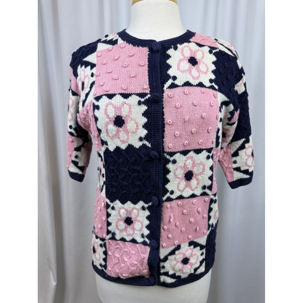The Eagle's Eye Navy and Pink Floral Short Sleeve Button Down Cardigan -Medium